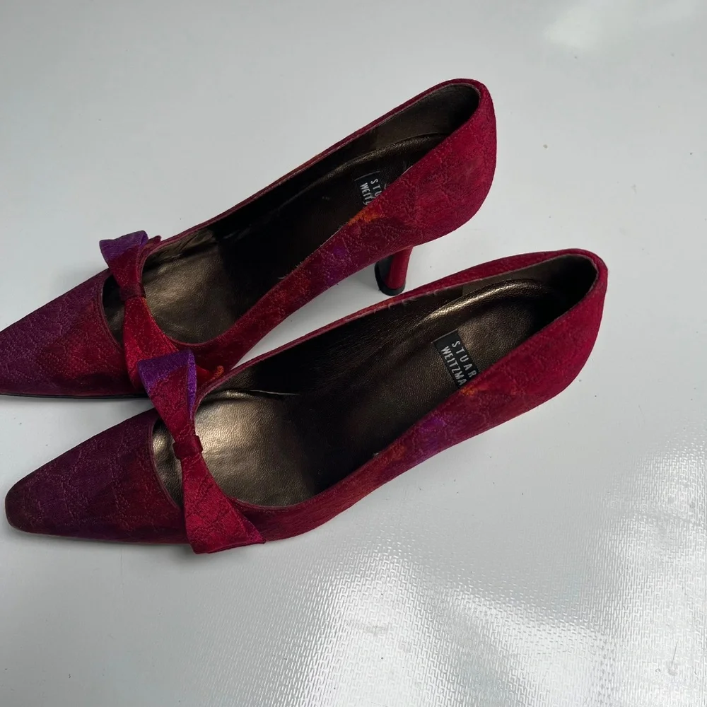 Stuart Weitzman Pink & Orange Suede Pointed Bow Pumps - Picture 4 of 10